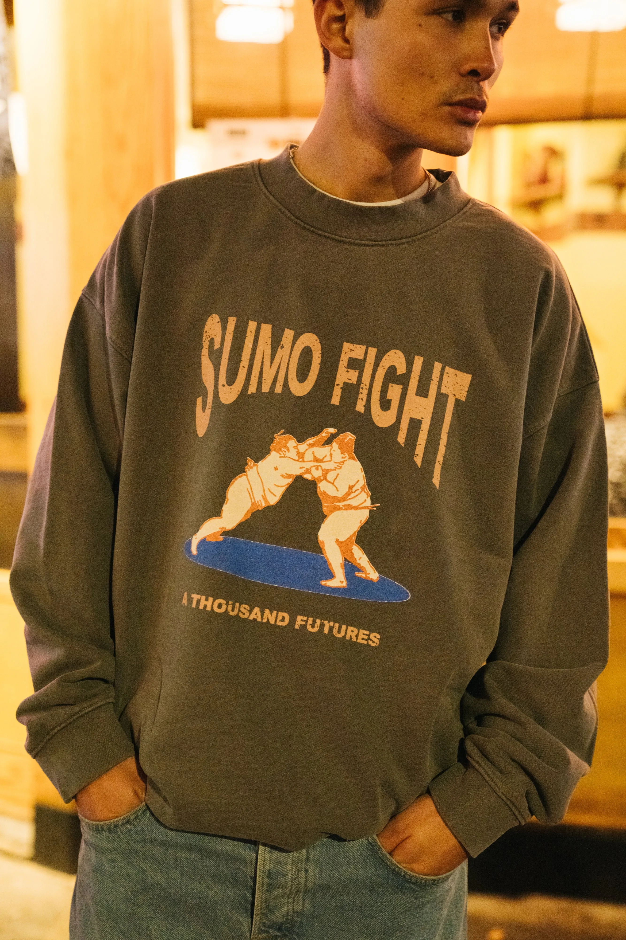 A Thousand Futures 'Sumo Fight' Vintage Washed Sweater - Charcoal