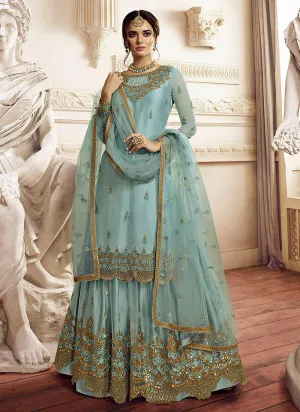 Aqua Blue Golden Embroidered Gharara Suit