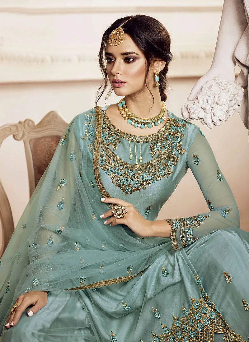 Aqua Blue Golden Embroidered Gharara Suit