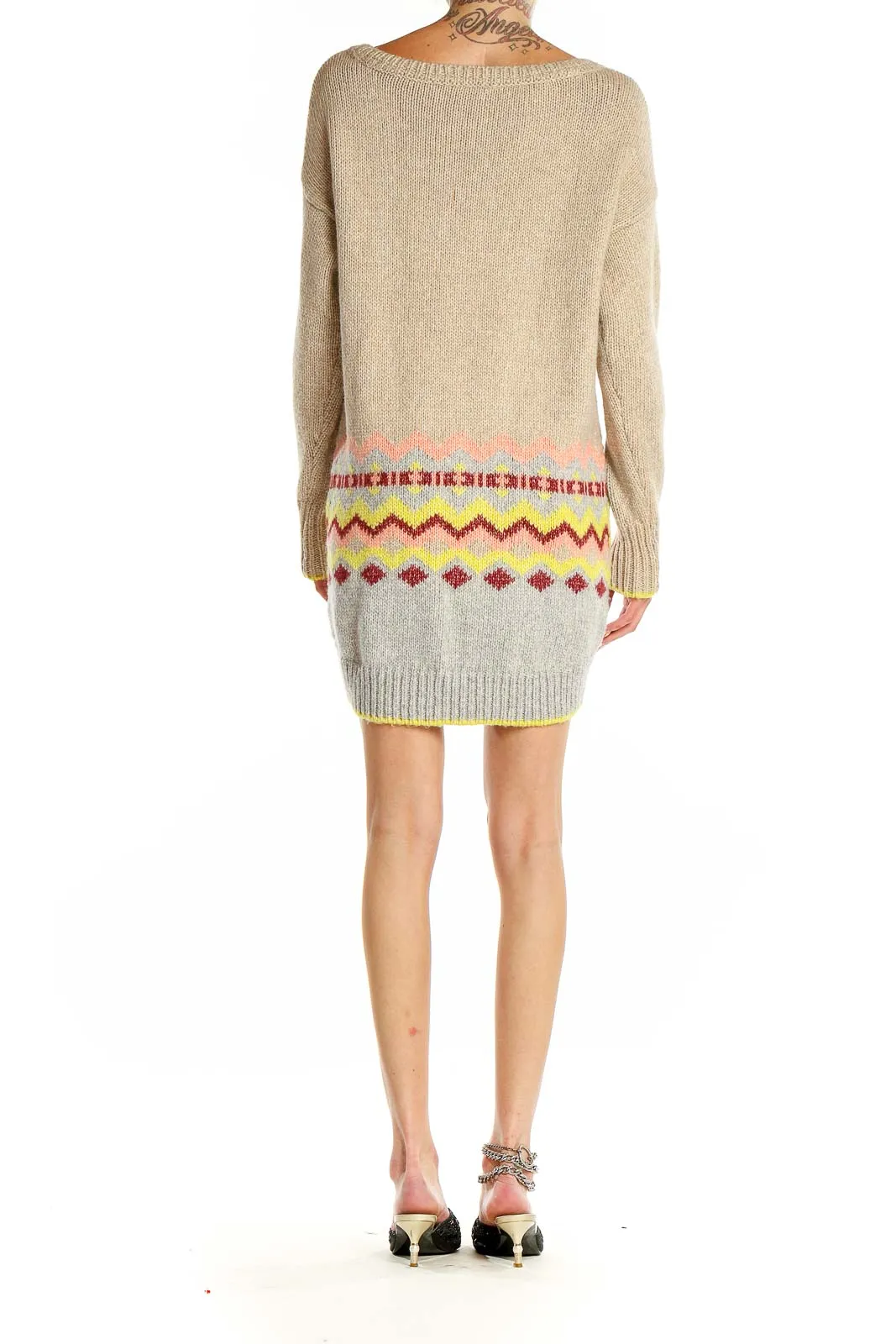 Beige Knit Sweater Dress with Colorful Pattern