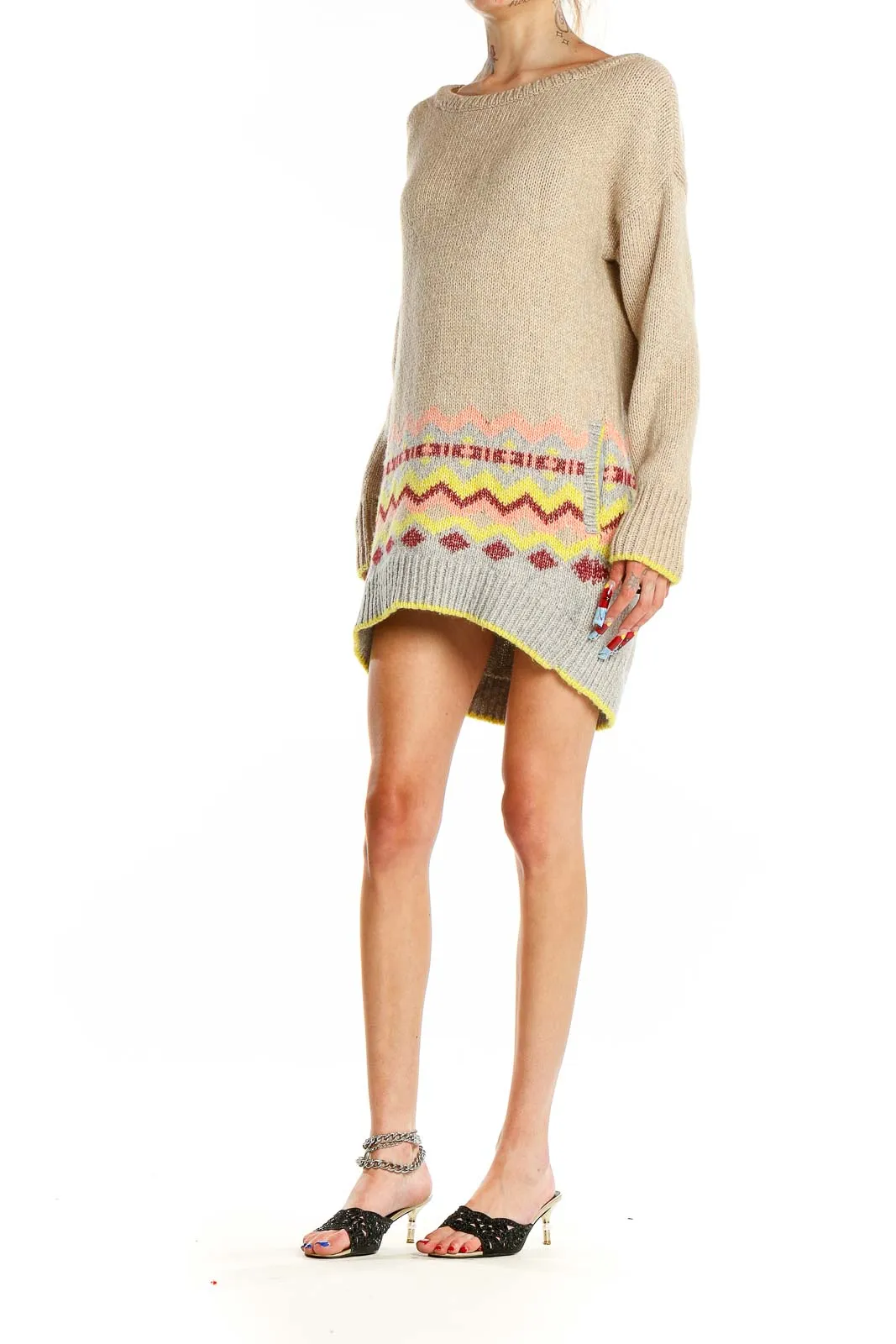 Beige Knit Sweater Dress with Colorful Pattern