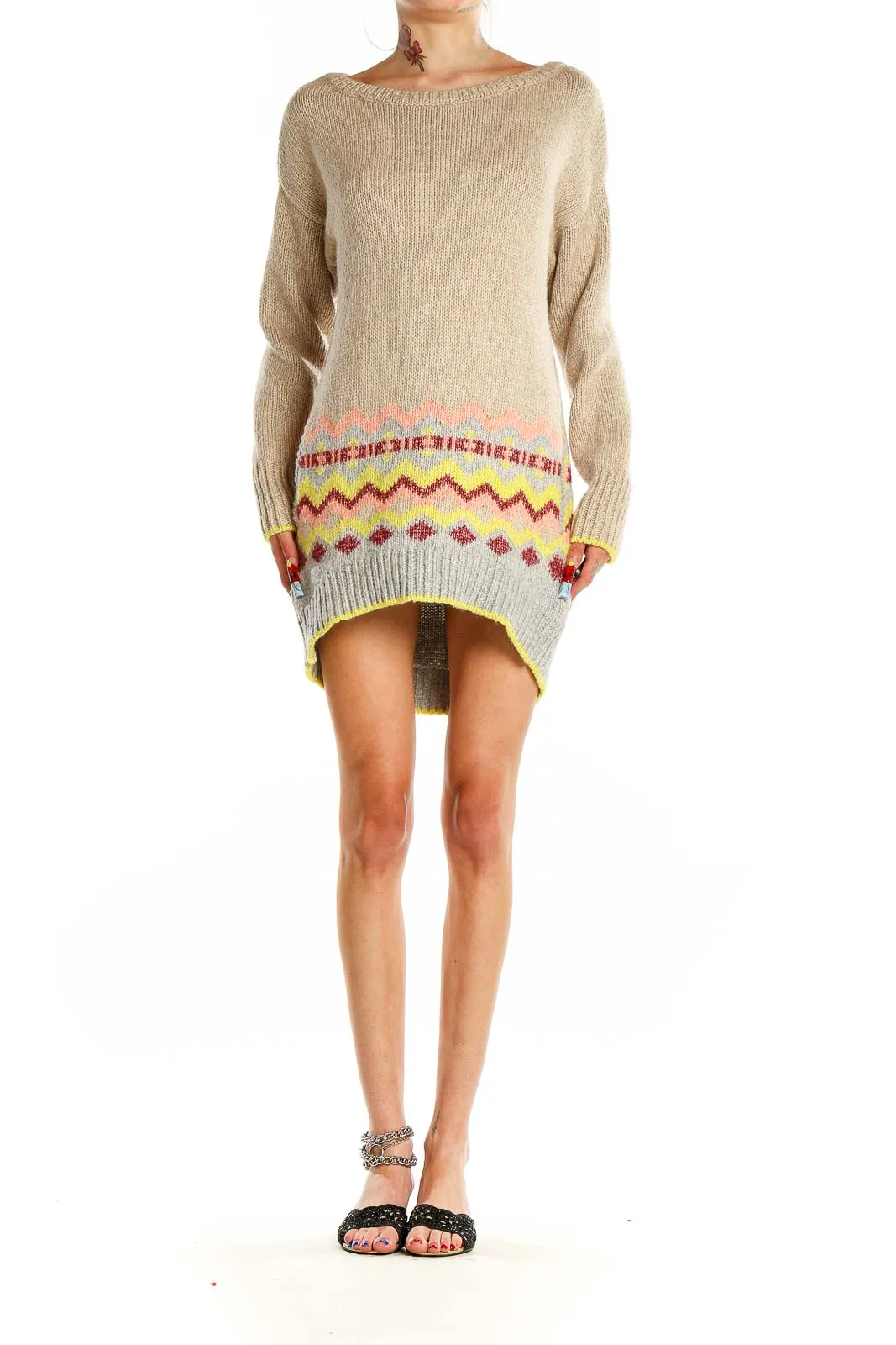 Beige Knit Sweater Dress with Colorful Pattern