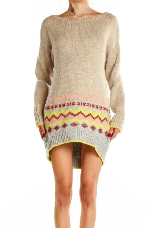 Beige Knit Sweater Dress with Colorful Pattern