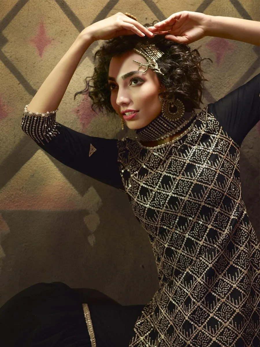 Black Net Embroidered Partywear Sharara Suit