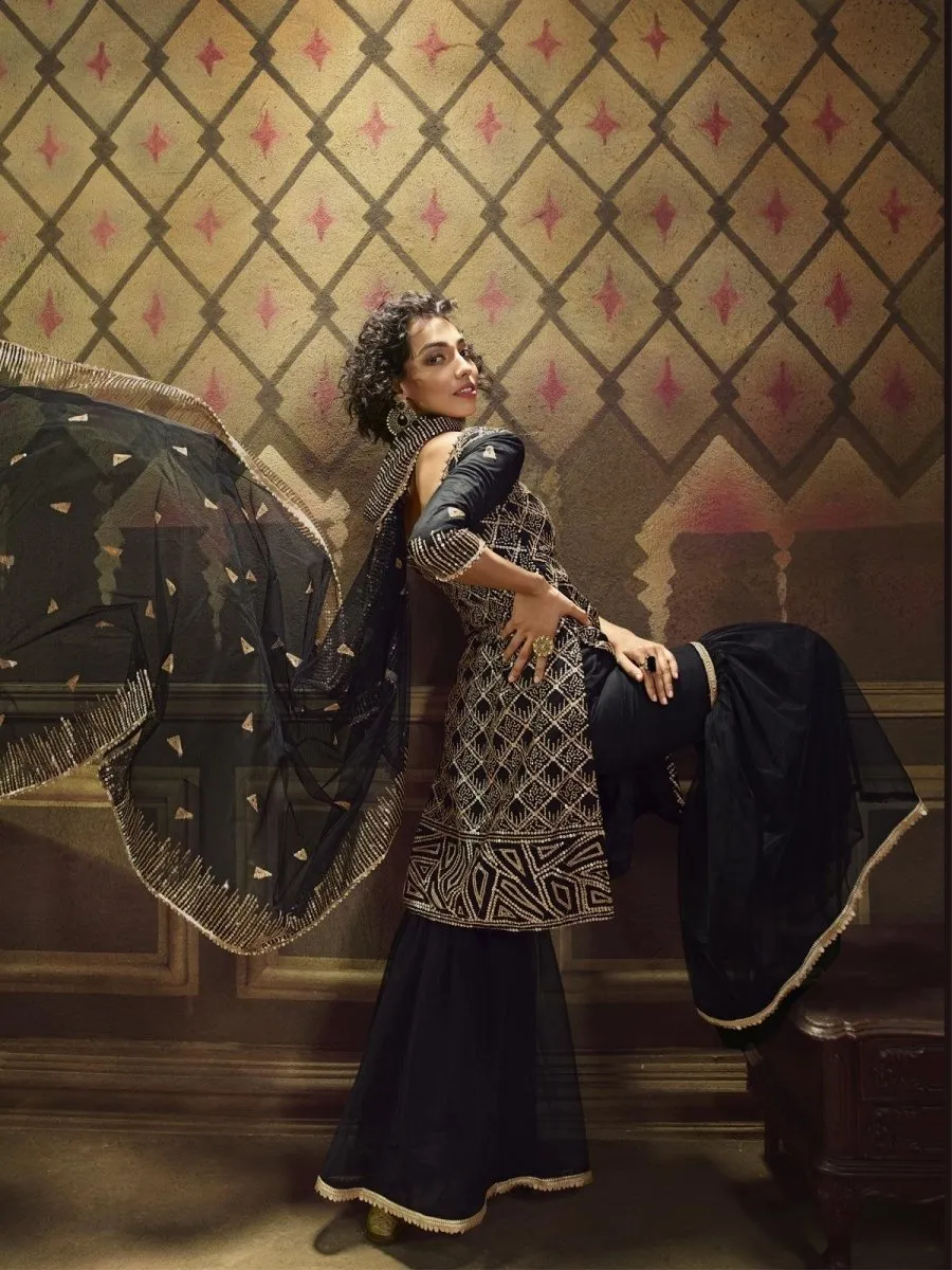 Black Net Embroidered Partywear Sharara Suit