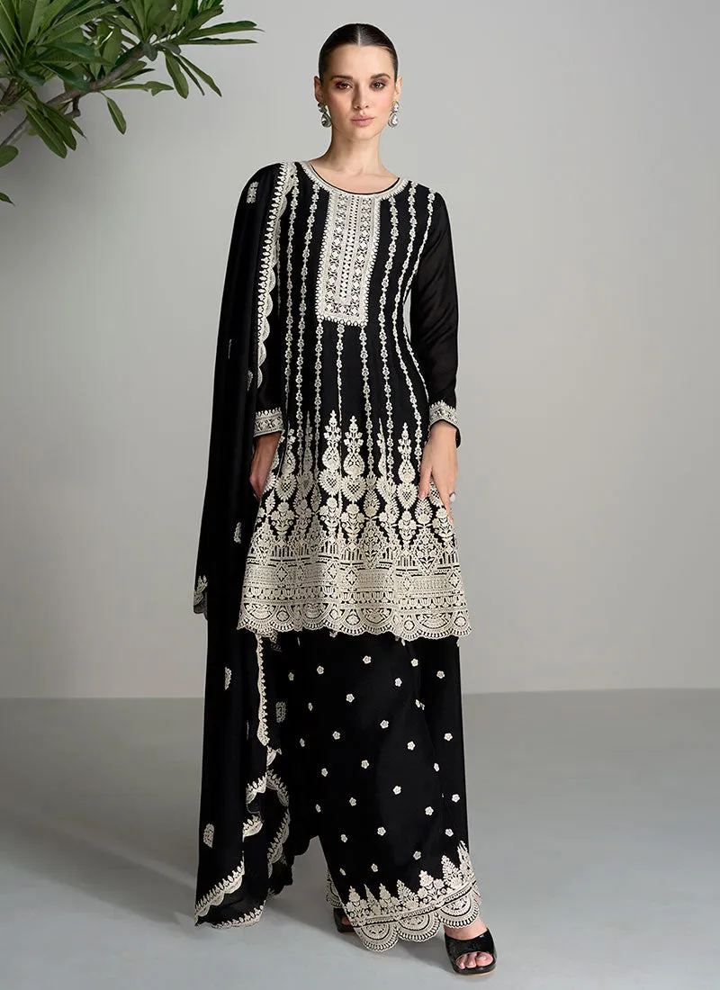 Black Thread Embroidery Traditional Anarkali Palazzo Suit