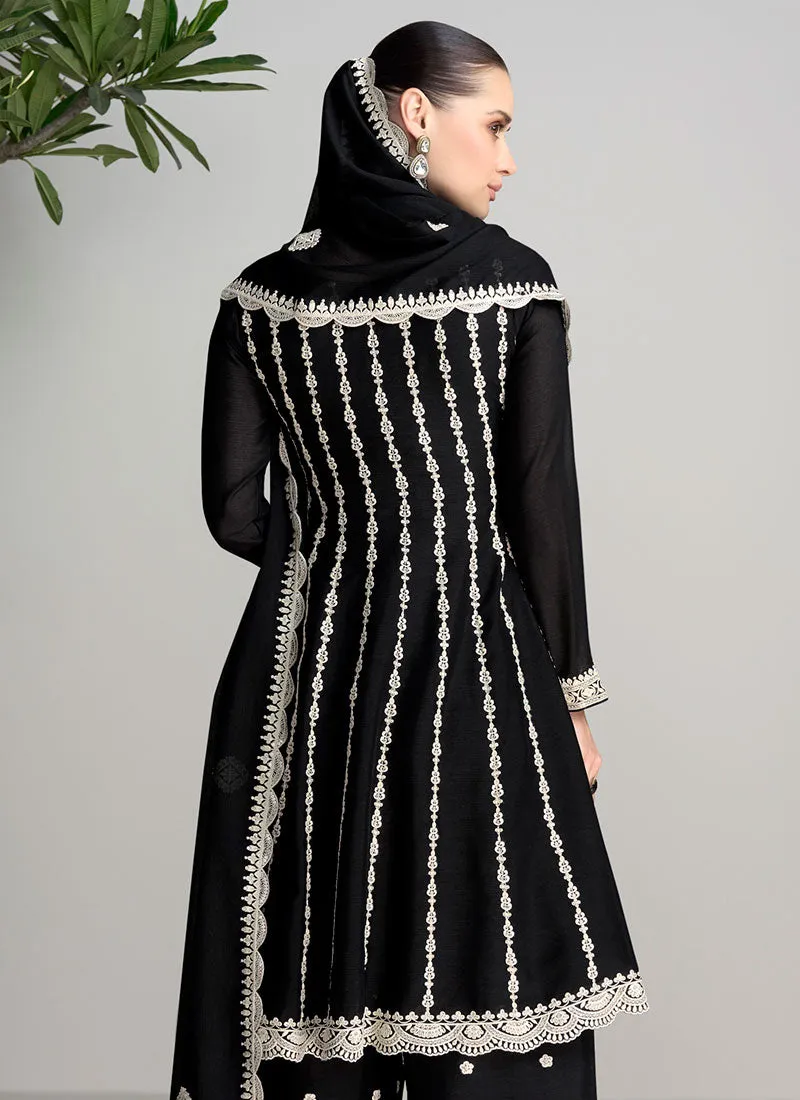 Black Thread Embroidery Traditional Anarkali Palazzo Suit