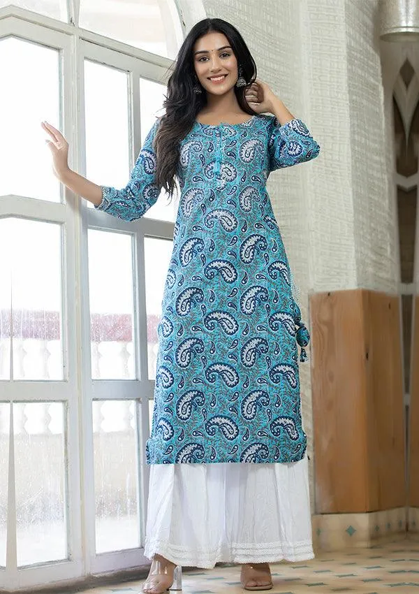 Blue Paisley Printed Kurta Sharara Set