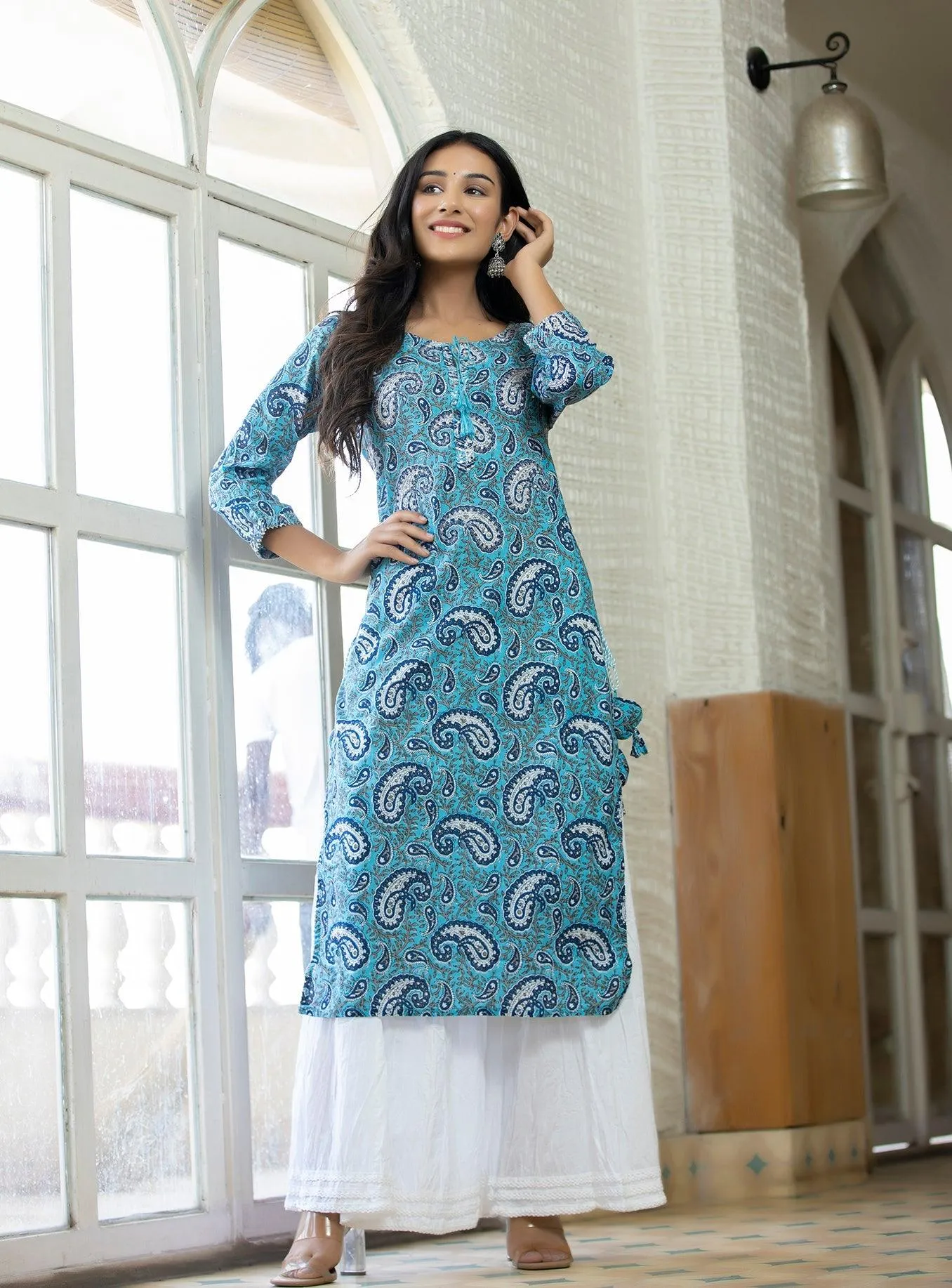 Blue Paisley Printed Kurta Sharara Set