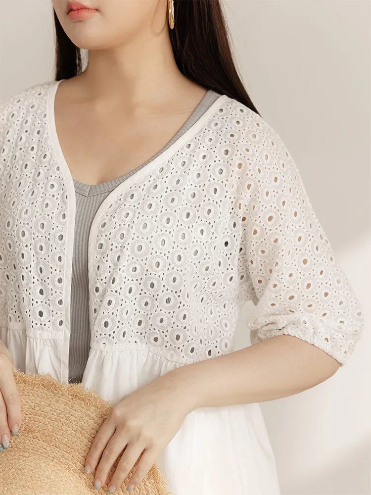 Casual Basic White Eyelet Cotton Cardigan Jacket Top