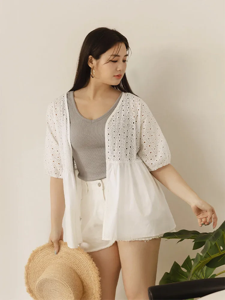 Casual Basic White Eyelet Cotton Cardigan Jacket Top