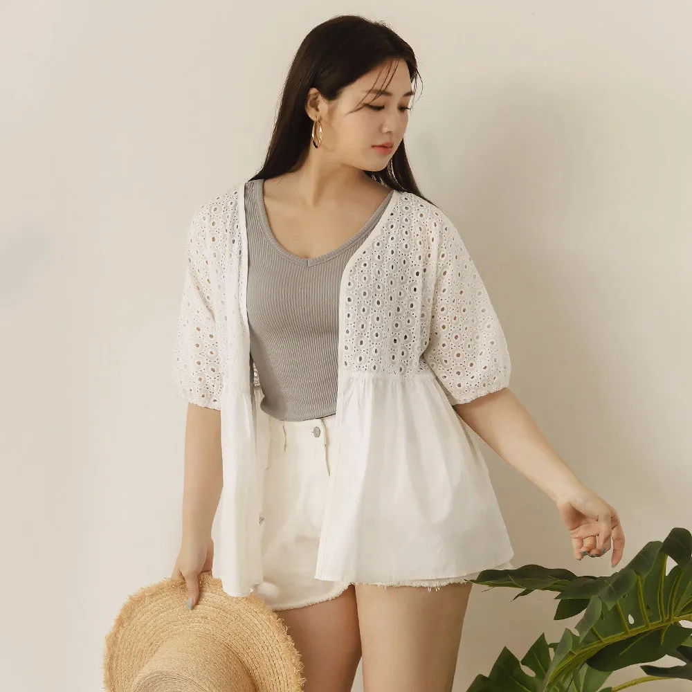 Casual Basic White Eyelet Cotton Cardigan Jacket Top