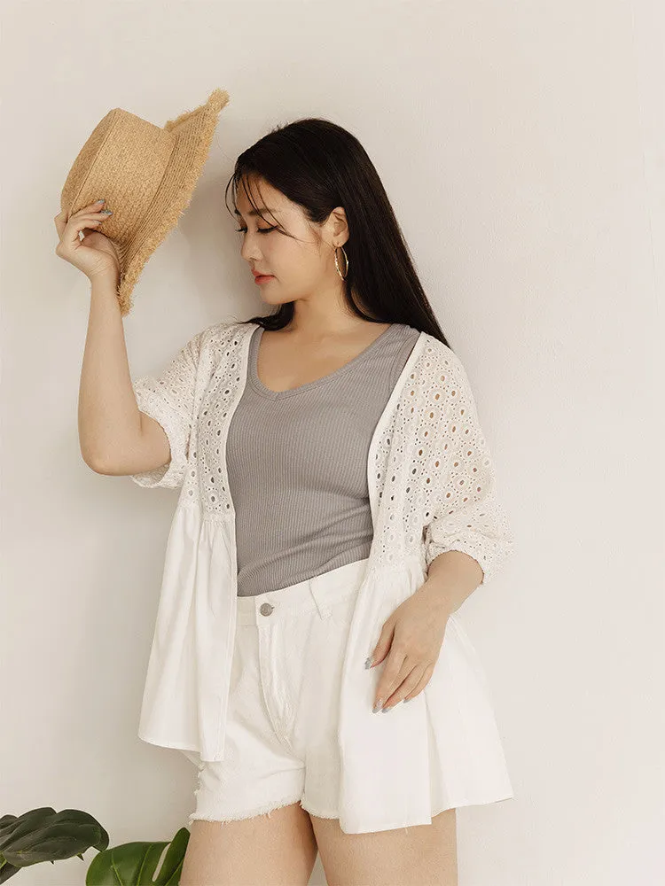 Casual Basic White Eyelet Cotton Cardigan Jacket Top