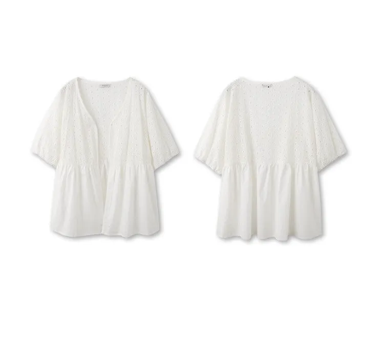 Casual Basic White Eyelet Cotton Cardigan Jacket Top