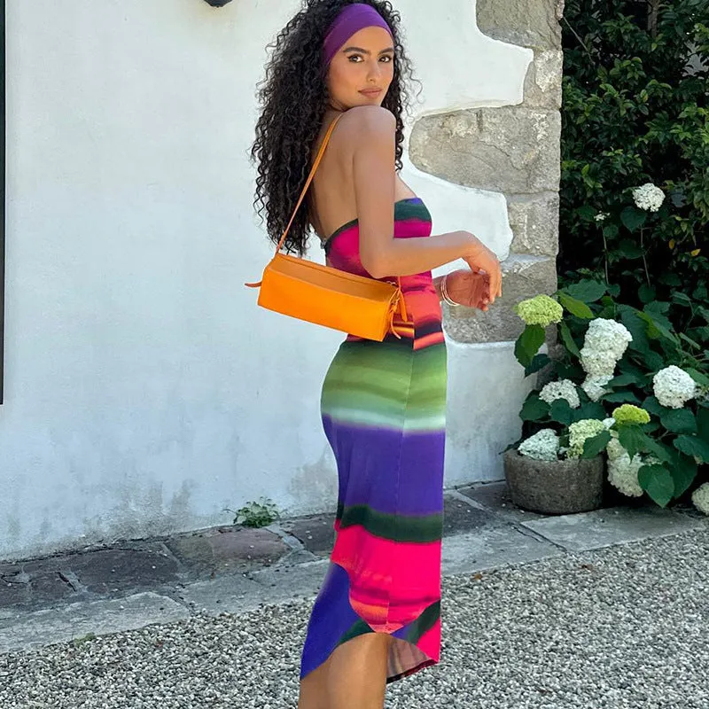 Colorful and Sexy Off-Shoulder Asymmetrical Street-Style Midi Dress