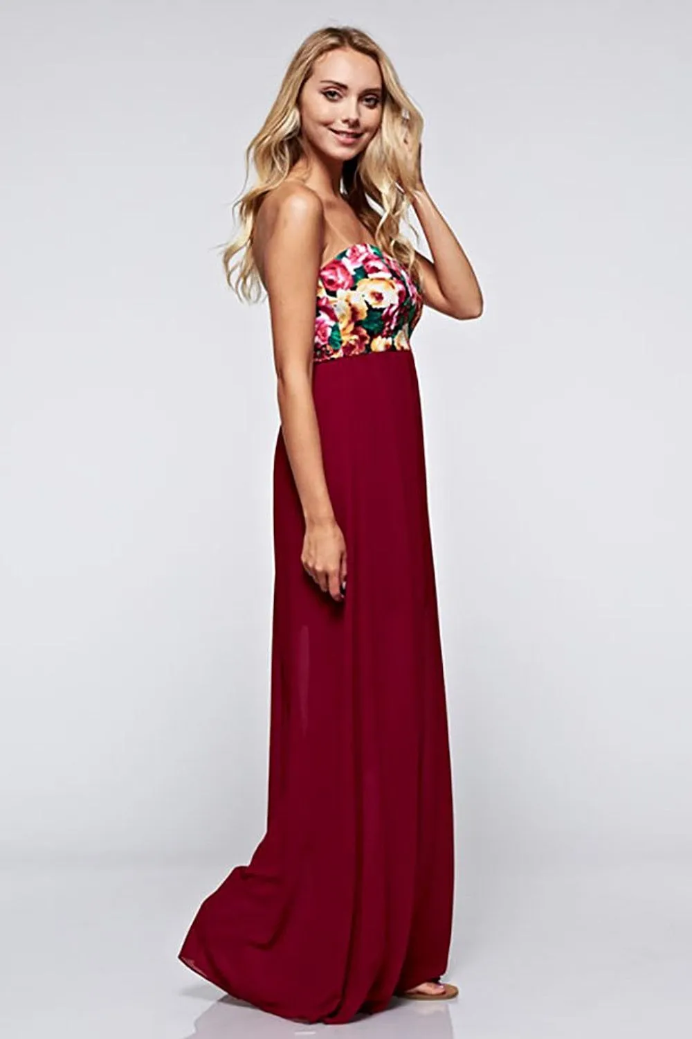 Colorful Floral Chiffon Strapless Tube Maxi Dress U.S.A