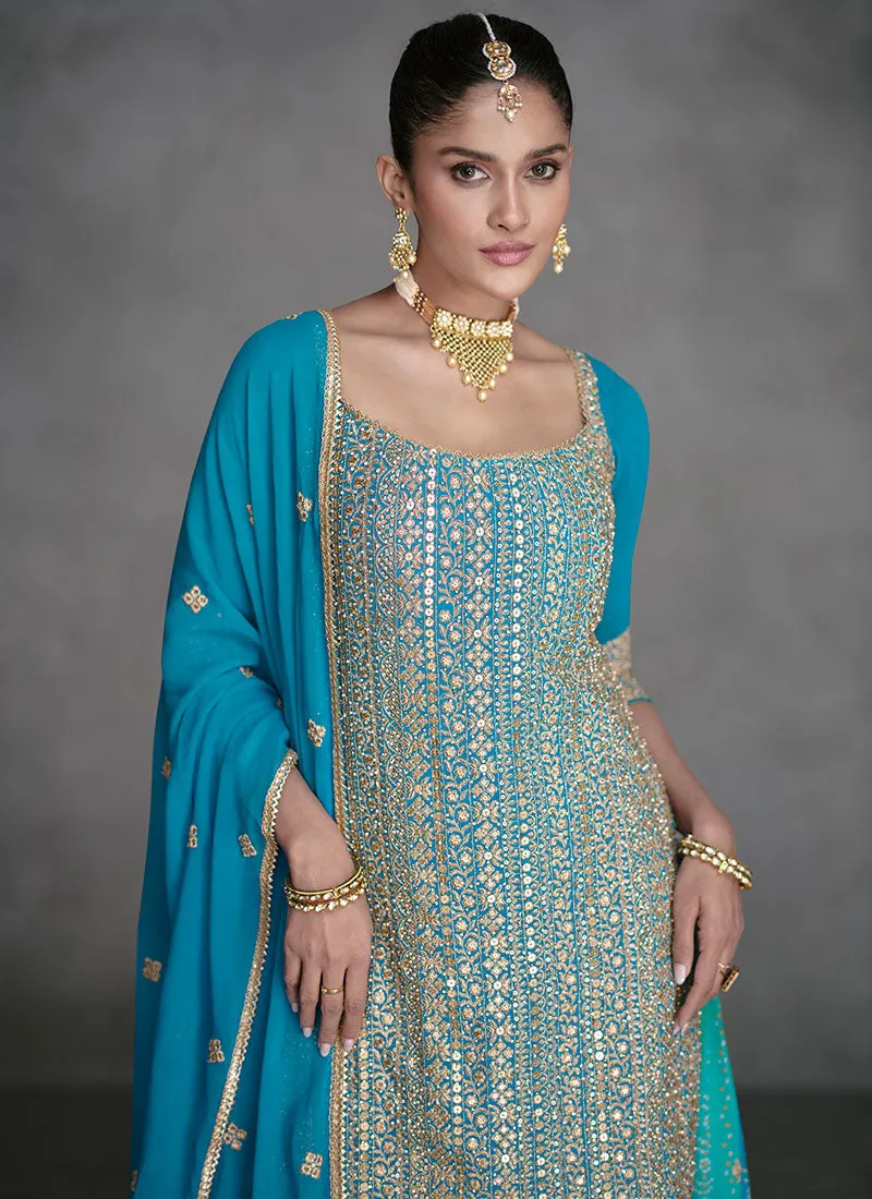 Firozi Blue All Over Sequence Embroidery Designer Sharara Suit