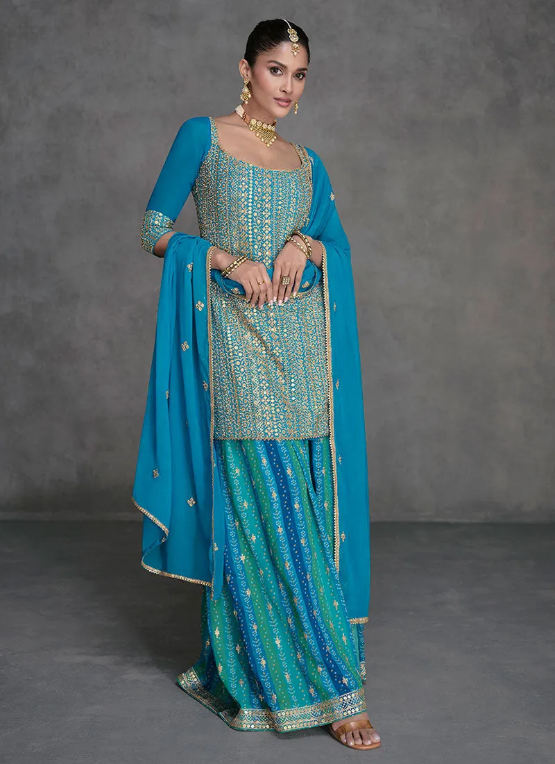 Firozi Blue All Over Sequence Embroidery Designer Sharara Suit