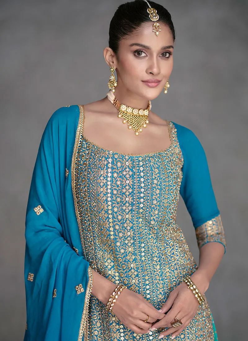 Firozi Blue All Over Sequence Embroidery Designer Sharara Suit