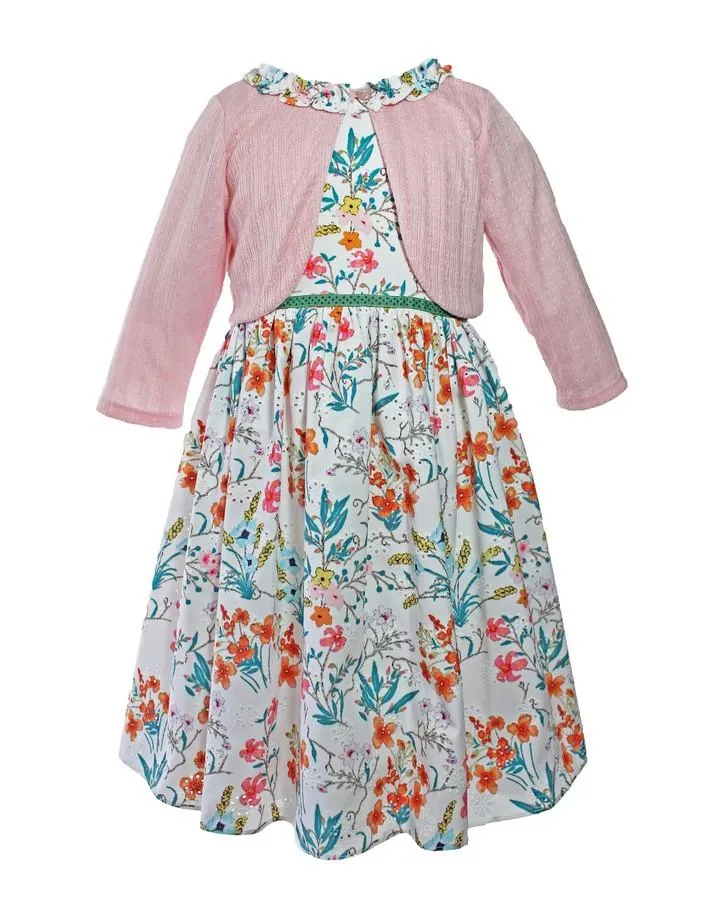 Floral Eyelet Toddler Dress with Pink Shrug