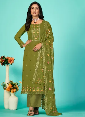 Green Multi Floral Embroidery Traditional Pant Style Suit