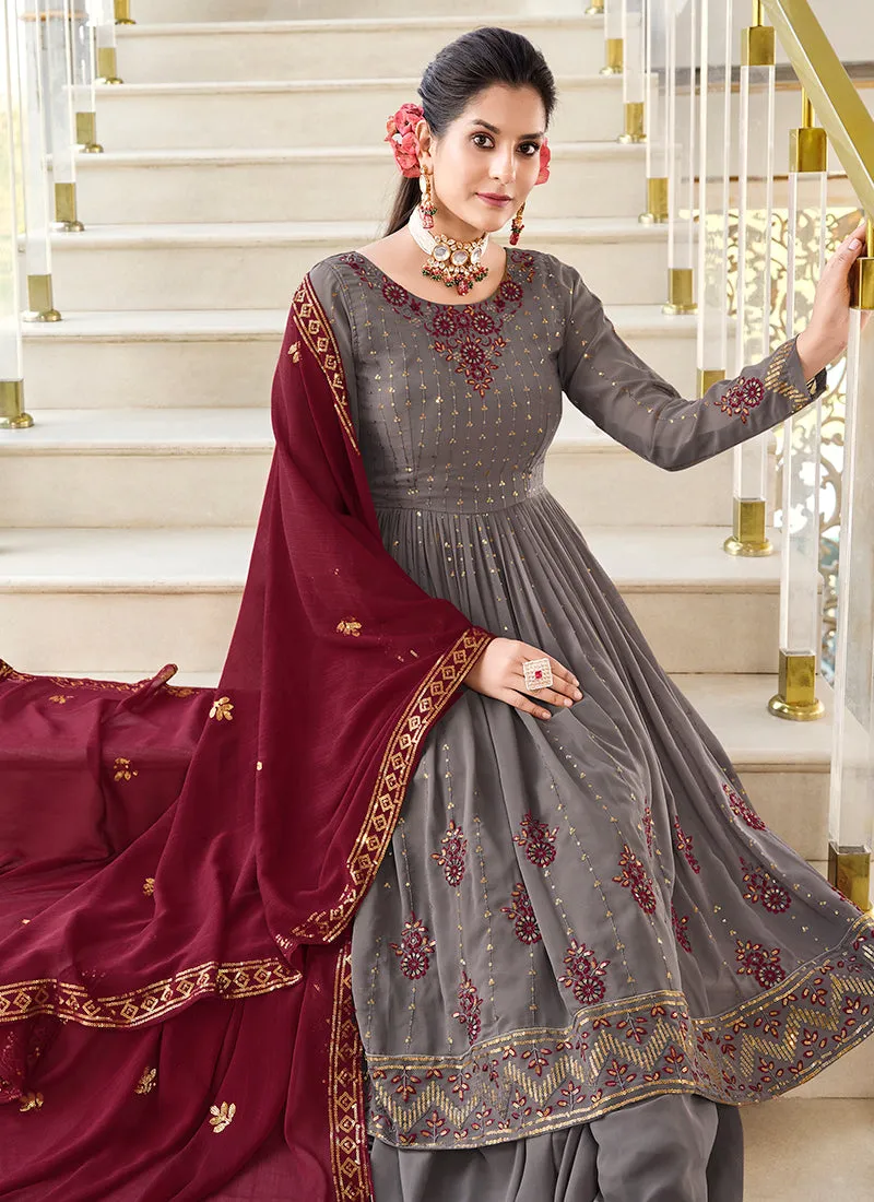 Grey And Red Sequence Embroidery Anarkali Palazzo Suit