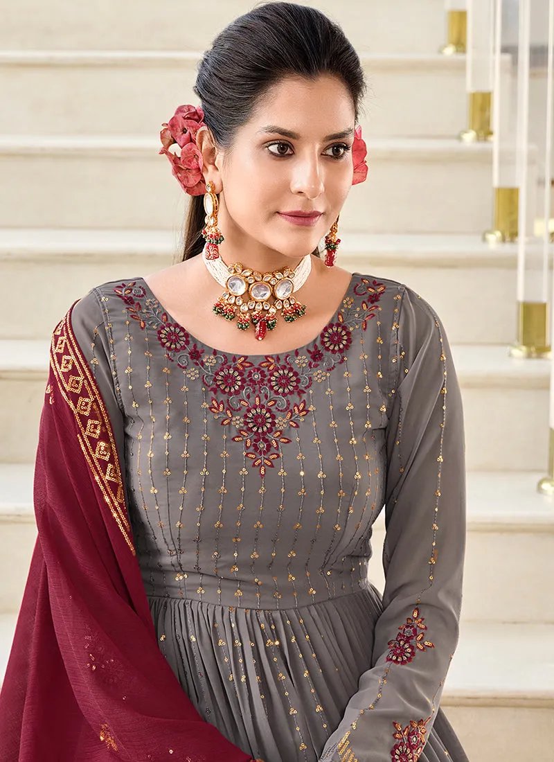 Grey And Red Sequence Embroidery Anarkali Palazzo Suit