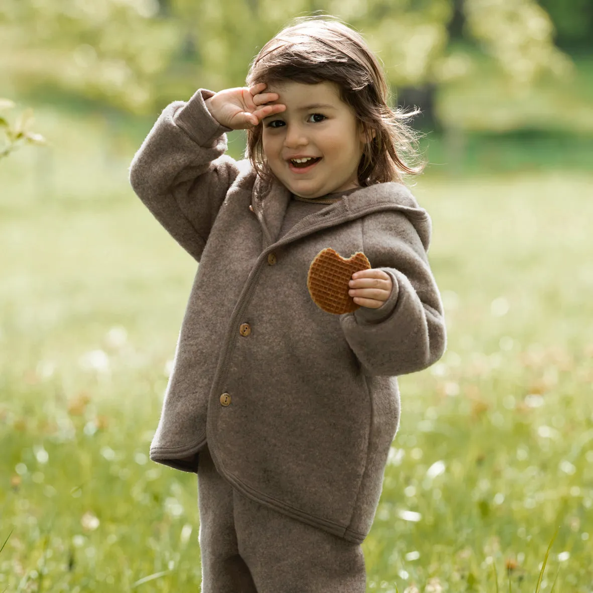 Hooded Jacket in Organic Wool Fleece with Buttons (0-6y)