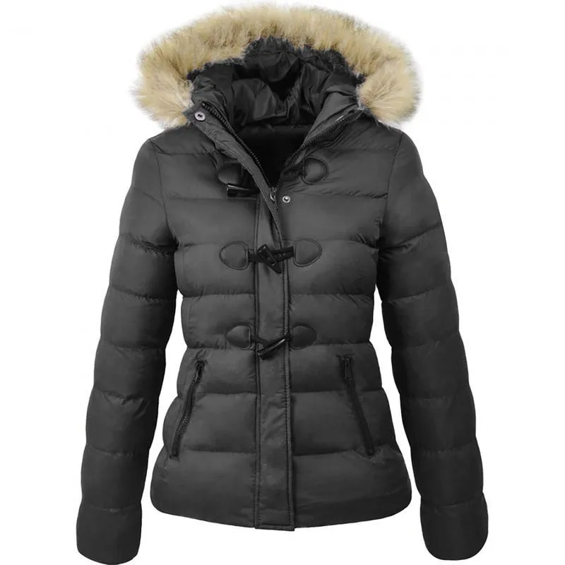 Horn Button Fur Hood Thick Padded Cotton Coats