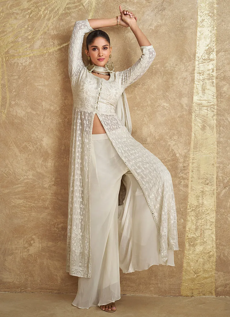 Ivory White Traditional Embroidered Slit Style Palazzo Suit