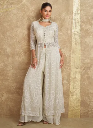 Ivory White Traditional Embroidered Slit Style Palazzo Suit