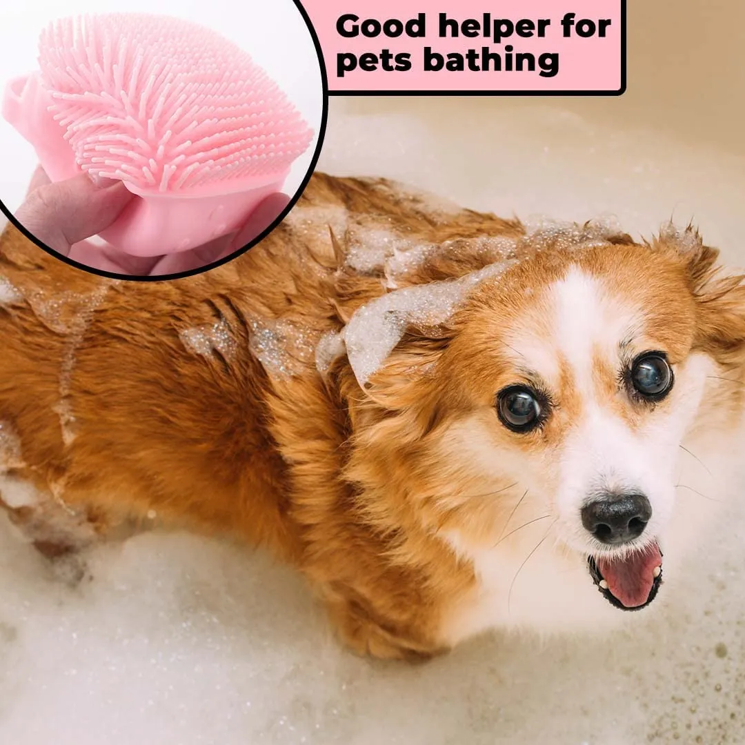 Kuber Industries Dog Brush With Shampoo Container|Cat & Dog Bath Brush For Bathing|Exfoliating|Scrubbing|Massaging & Relaxing|Soft Silicone|Suitable For All Pets|PT230R|Red