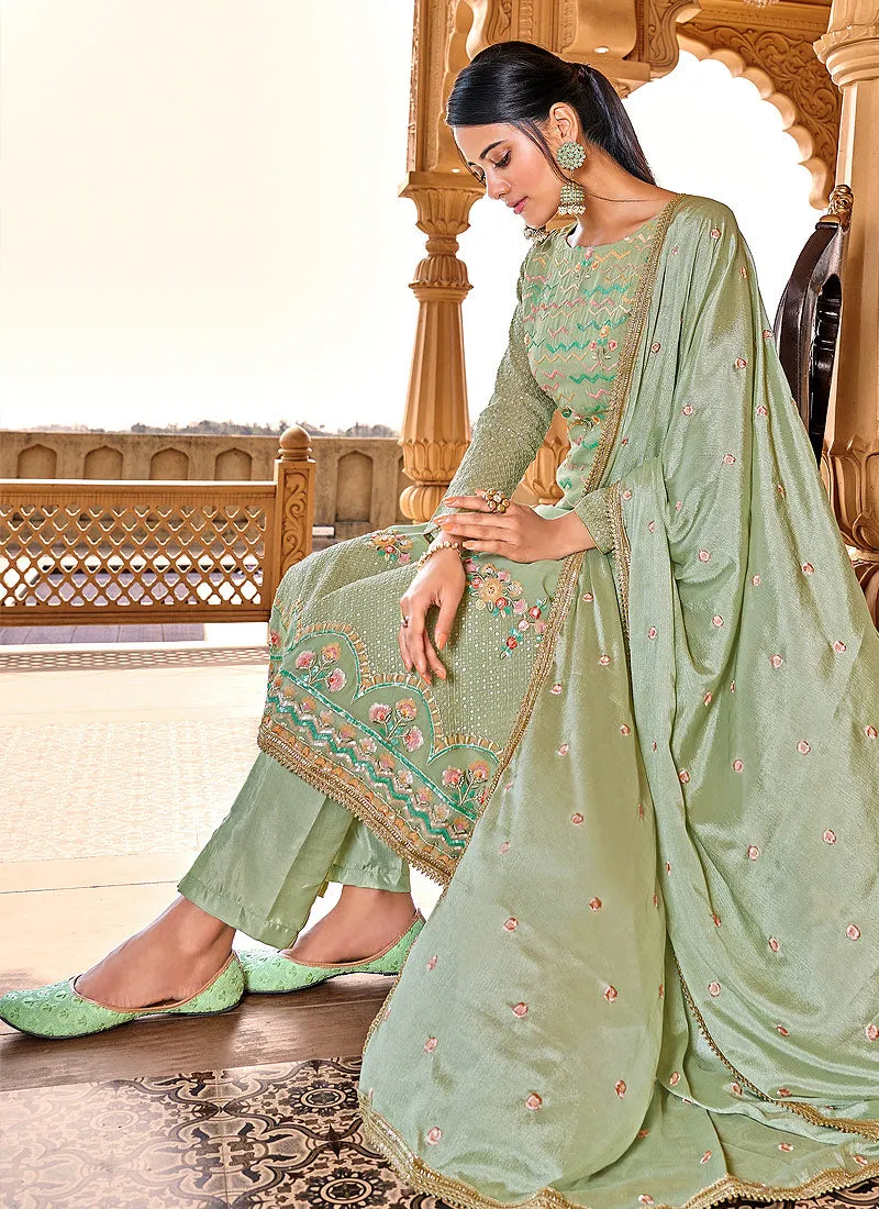 Light Green Embroidered Georgette Pant Style Suit