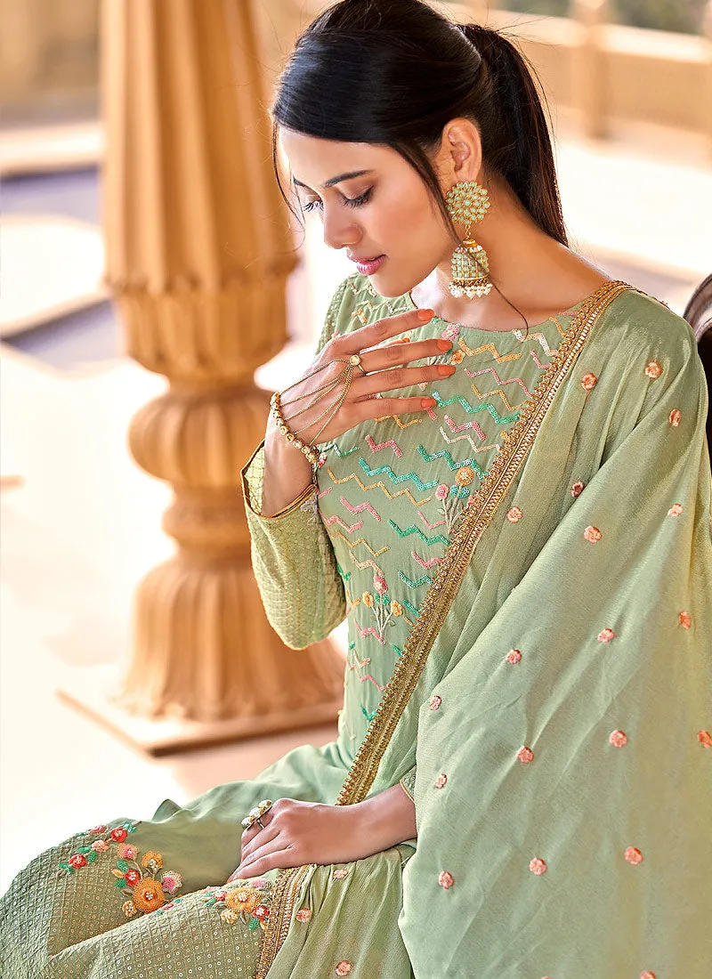 Light Green Embroidered Georgette Pant Style Suit