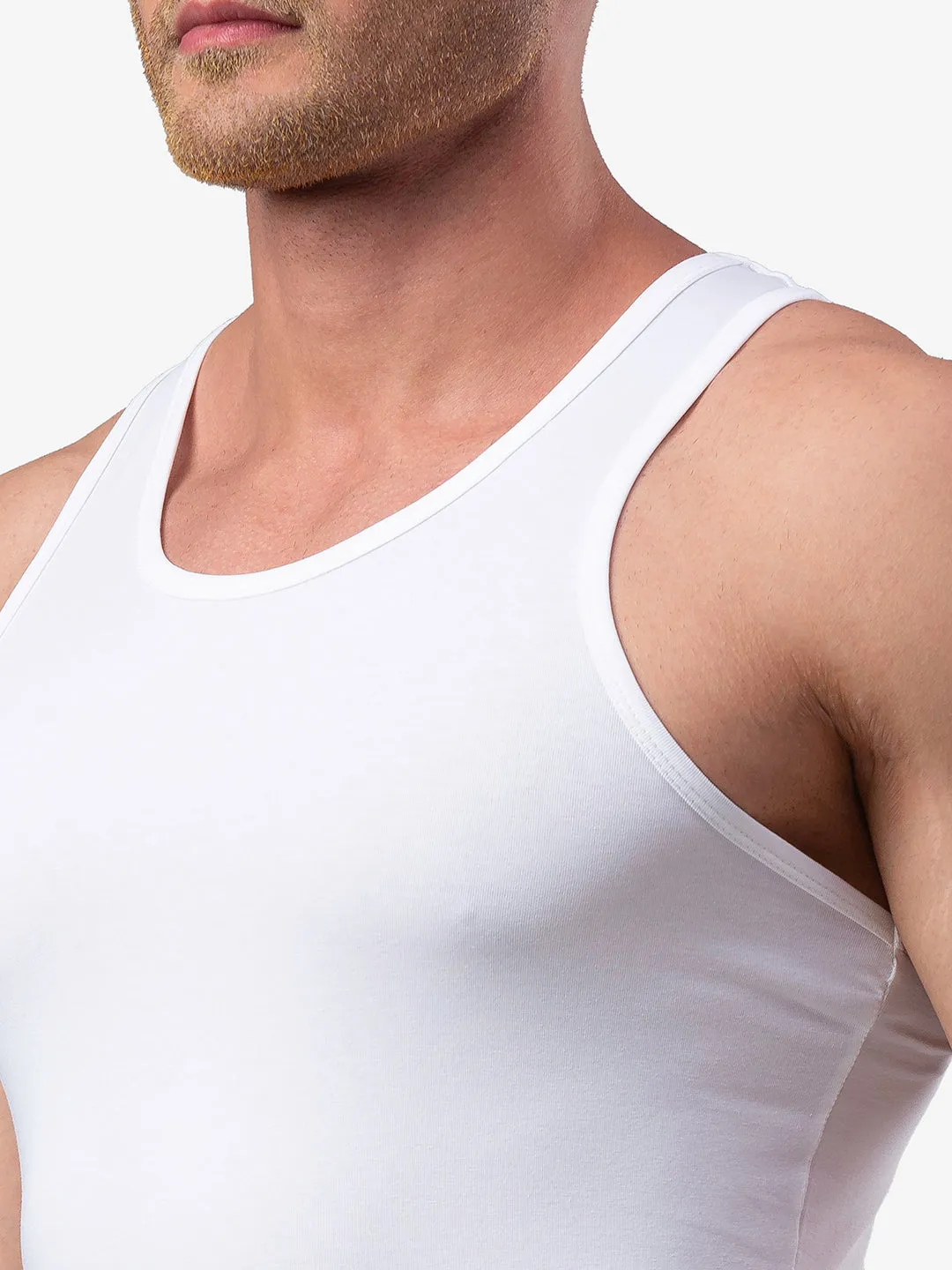 Men Premium White Round Neck Cotton Blend Vest- Underjeans By Spykar