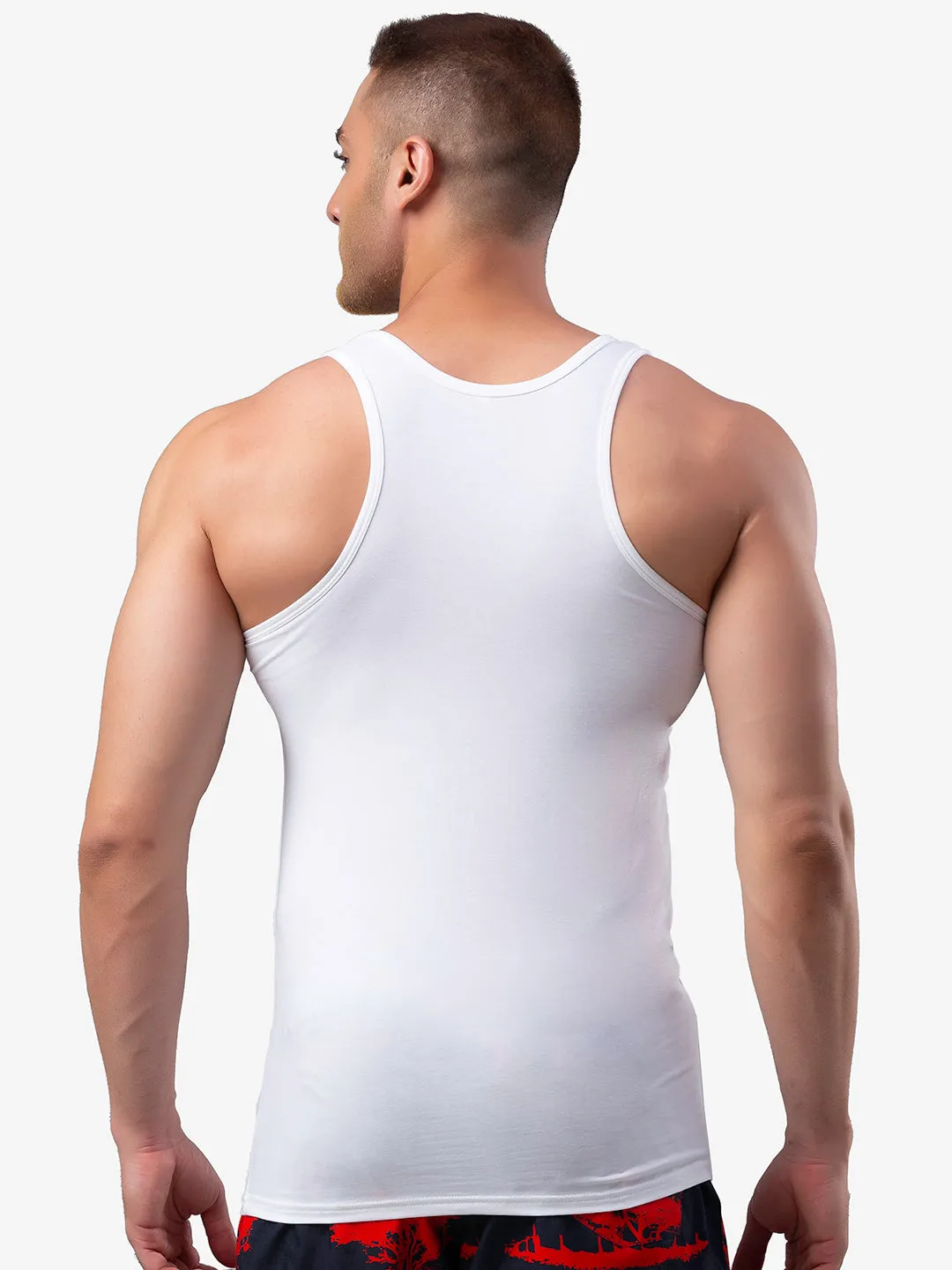 Men Premium White Round Neck Cotton Blend Vest- Underjeans By Spykar