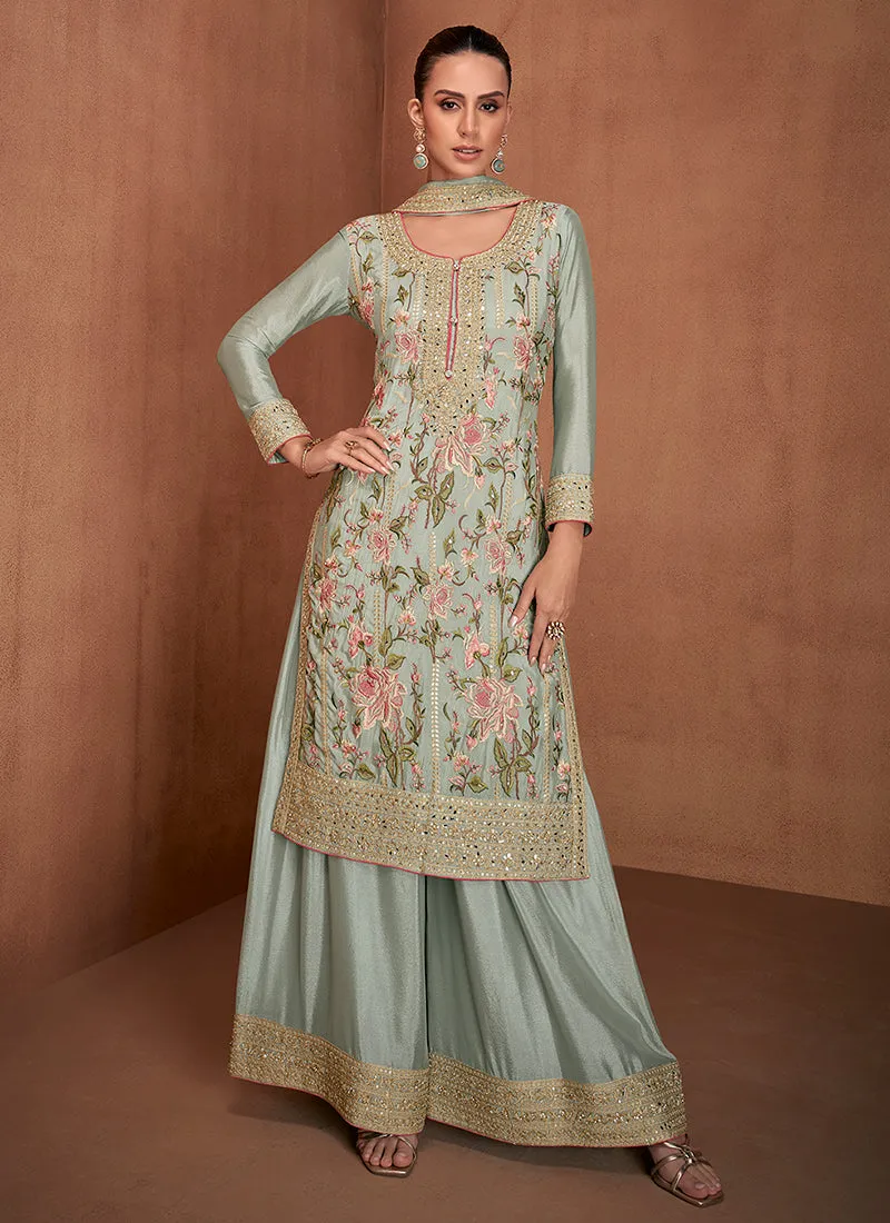 Mint Green Floral Embroidery Festive Palazzo Suit