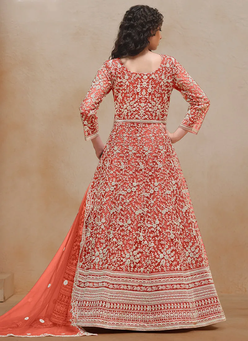 Orange Embroidery Festive Anarkali Suit