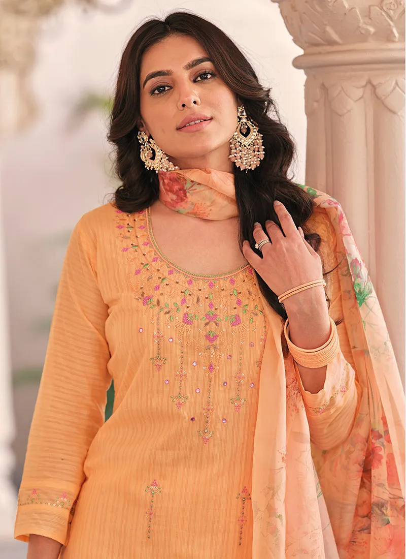 Pastel Orange Multi Floral Embroidery Cotton Salwar Kameez