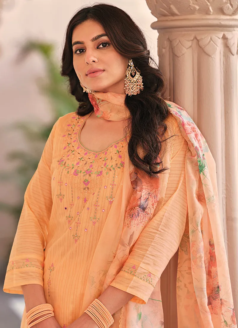 Pastel Orange Multi Floral Embroidery Cotton Salwar Kameez