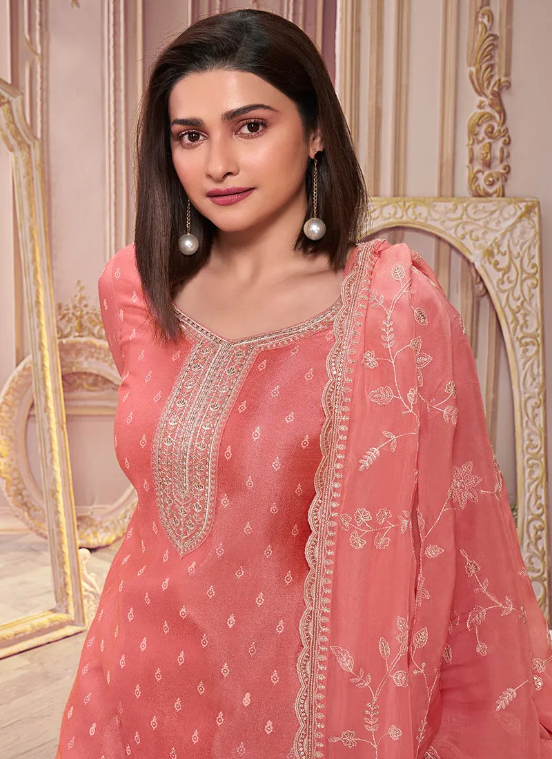 Peach Reshamkari Embroidery Silk Salwar Kameez