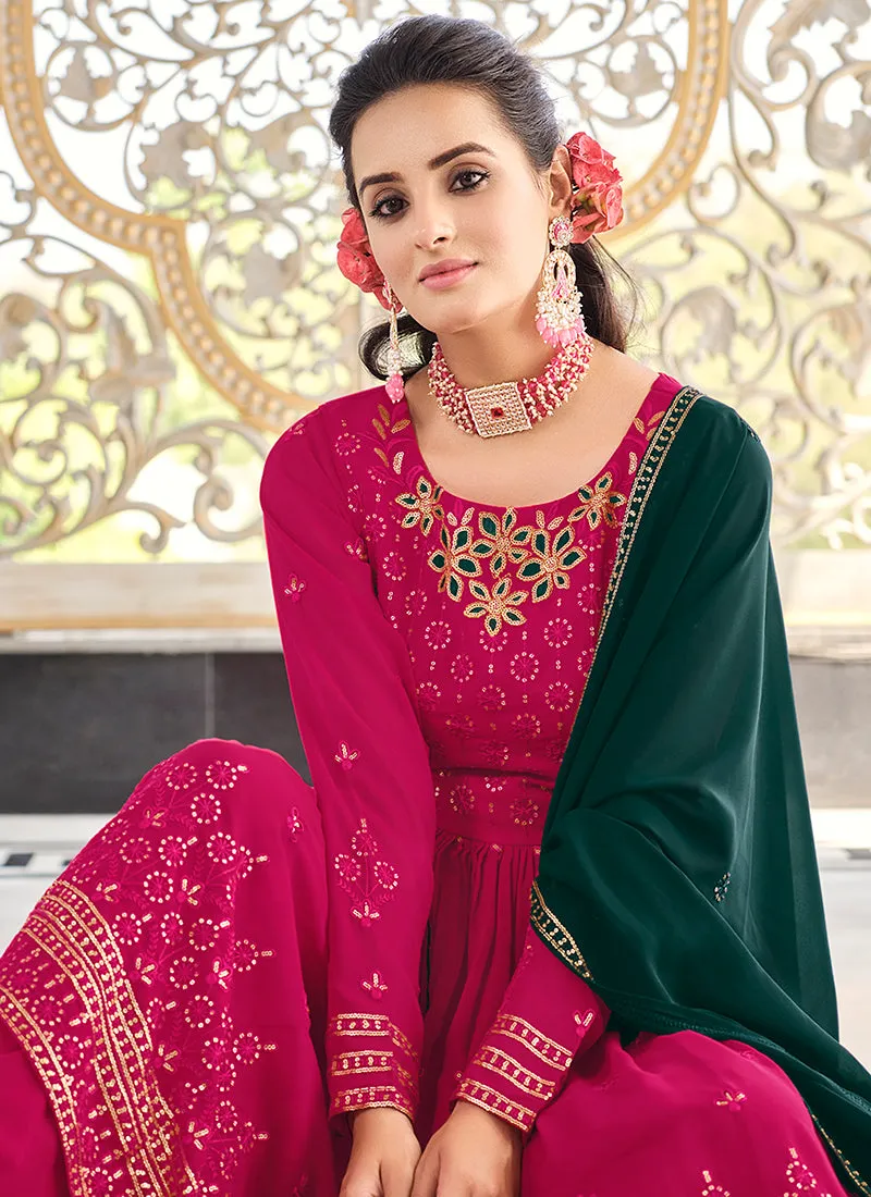 Pink And Green Sequence Embroidery Anarkali Palazzo Suit