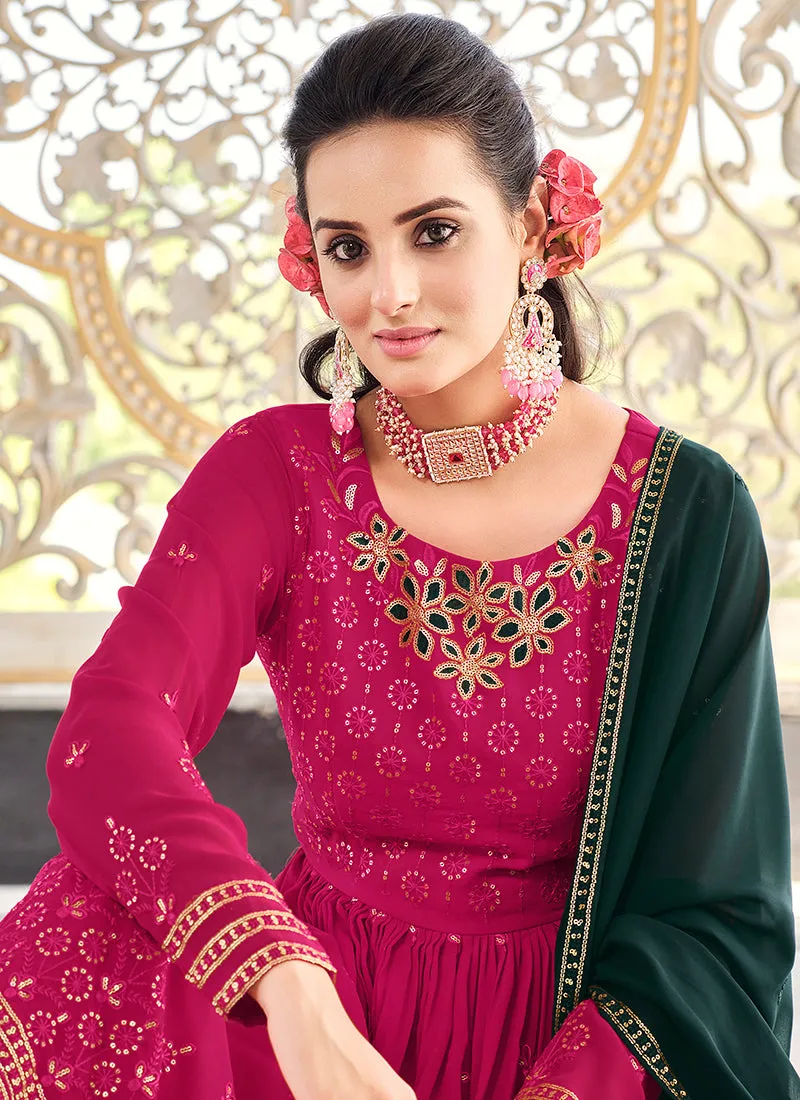 Pink And Green Sequence Embroidery Anarkali Palazzo Suit