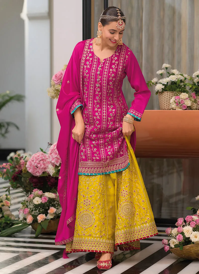 Pink And Yellow Embroidery Festive Palazzo Suit