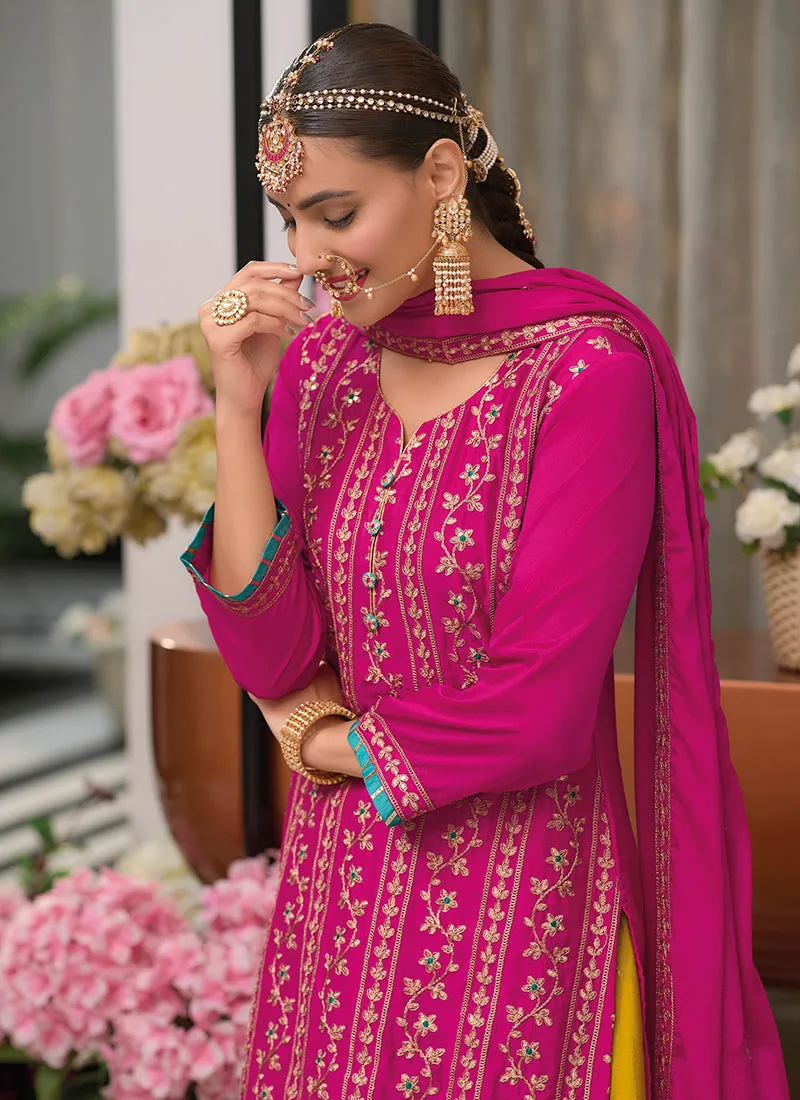 Pink And Yellow Embroidery Festive Palazzo Suit