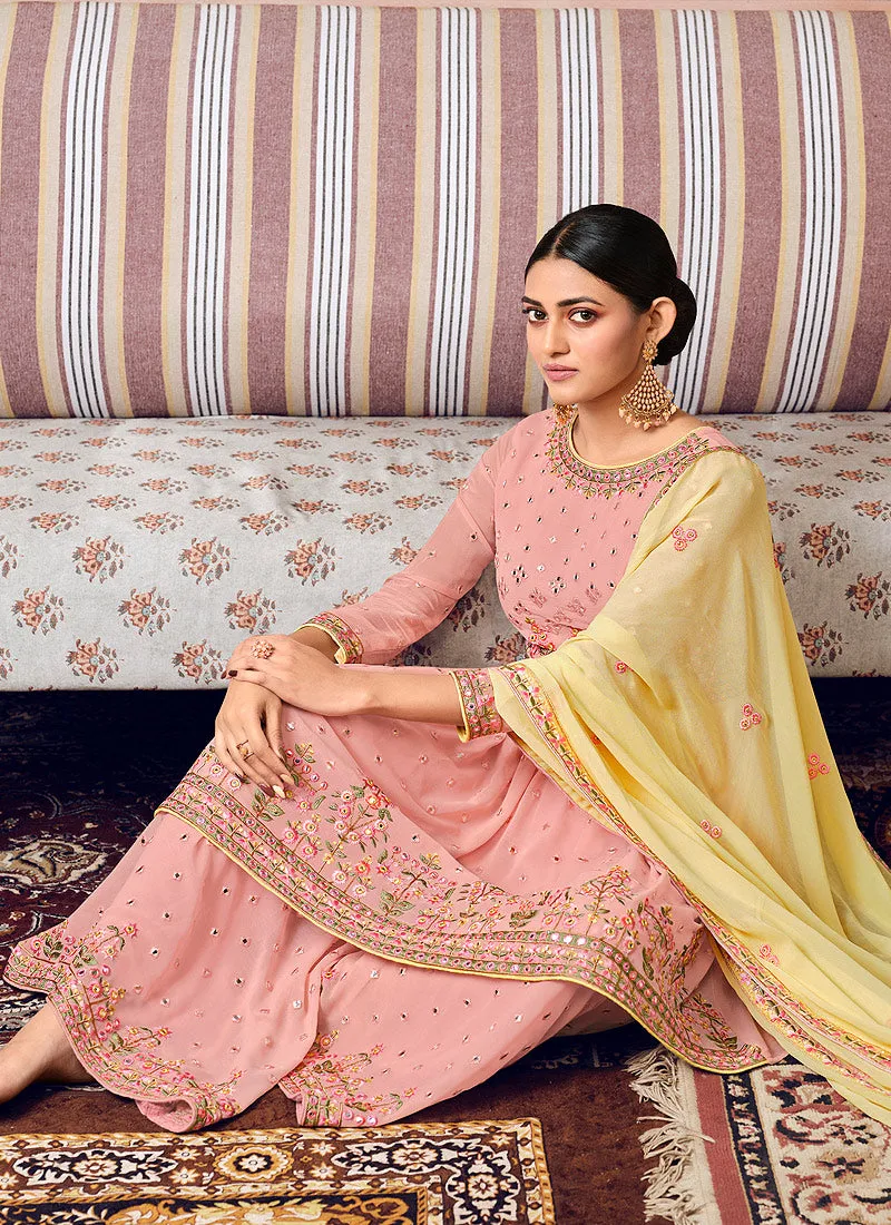 Pink And Yellow Mirror Work Embroidered Georgette Sharara Suit