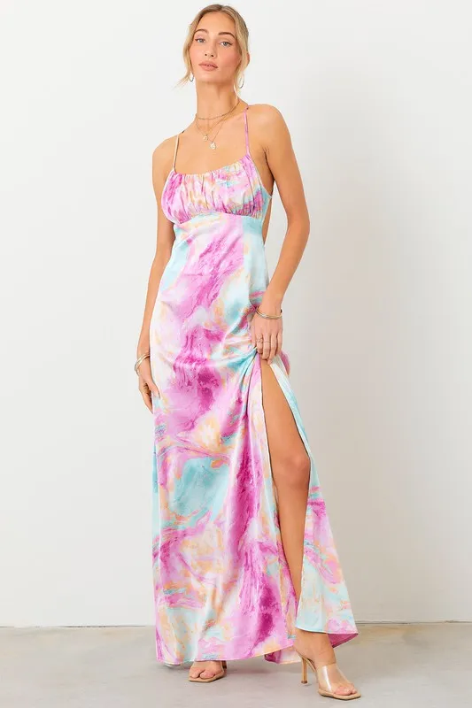 Pink/Blue Printed Open Back Maxi Dress