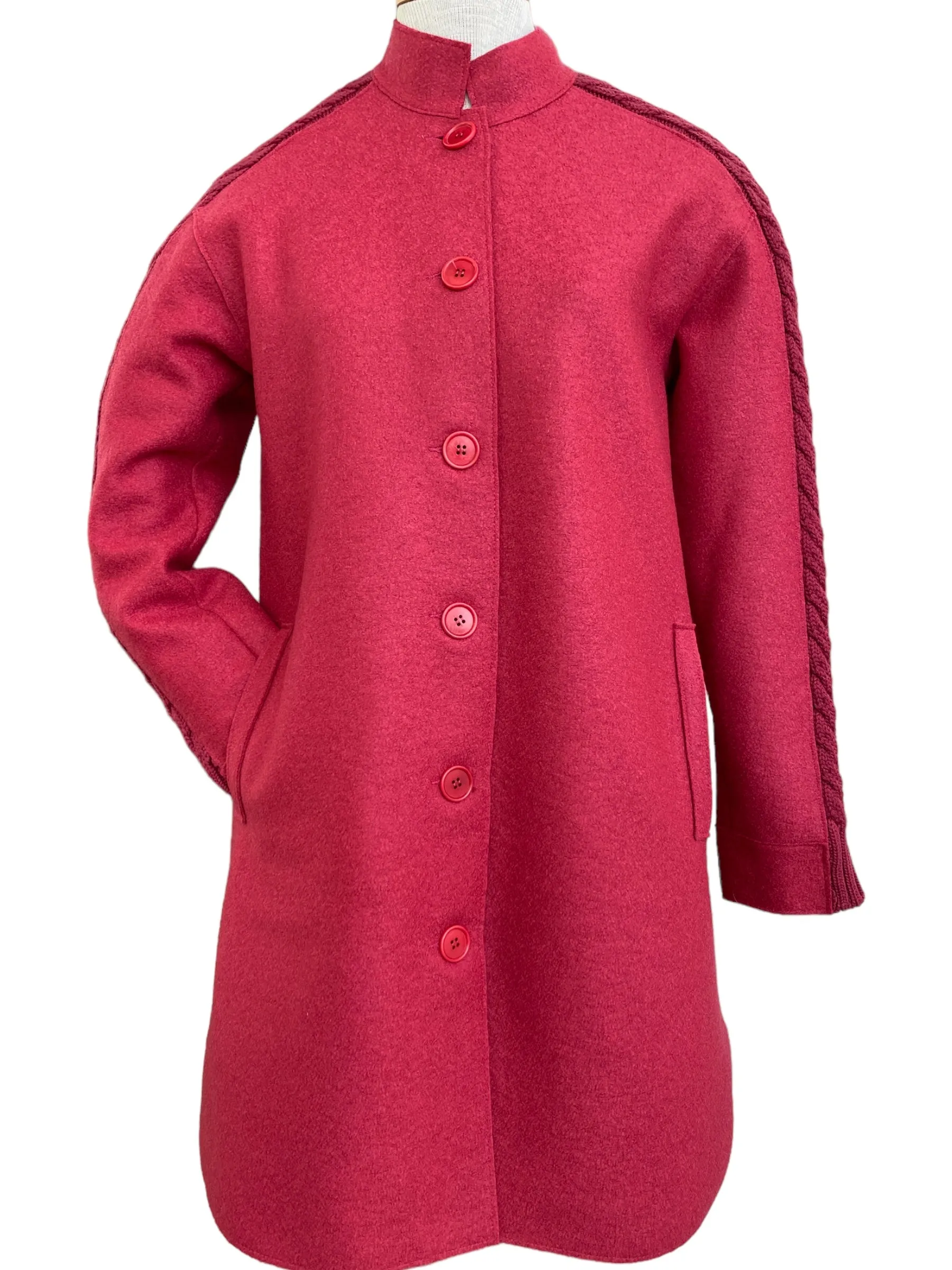 Rosso35 Boiled Wool Coat with Ribbed Knit Trim - Red