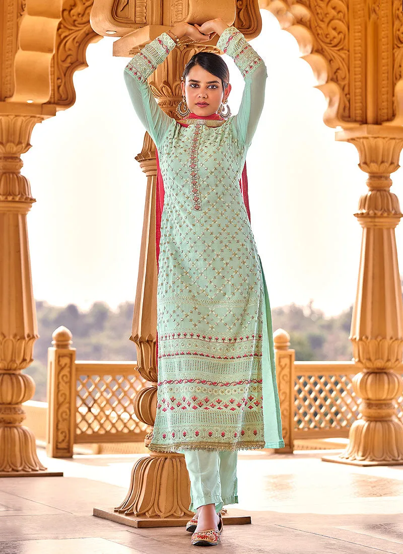 Sage Green Embroidered Georgette Pant Style Suit