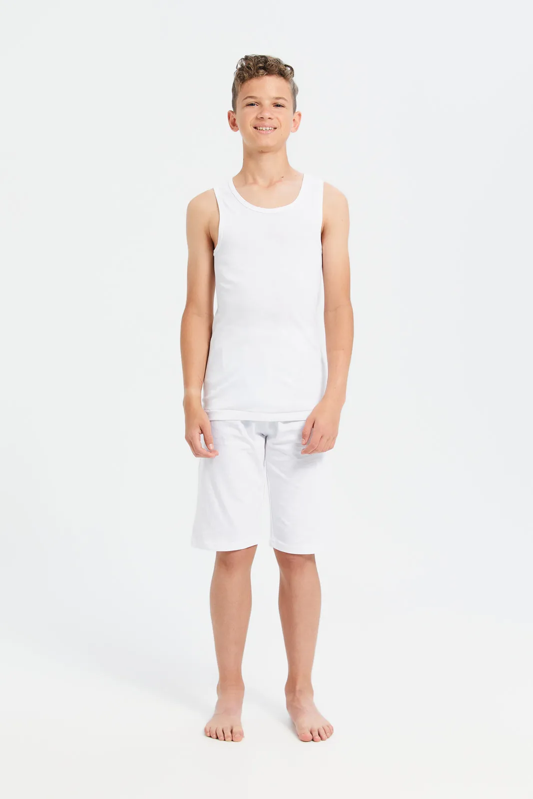 Senior Boys White Sleeveless Basic Vest Set (Pack of 2)